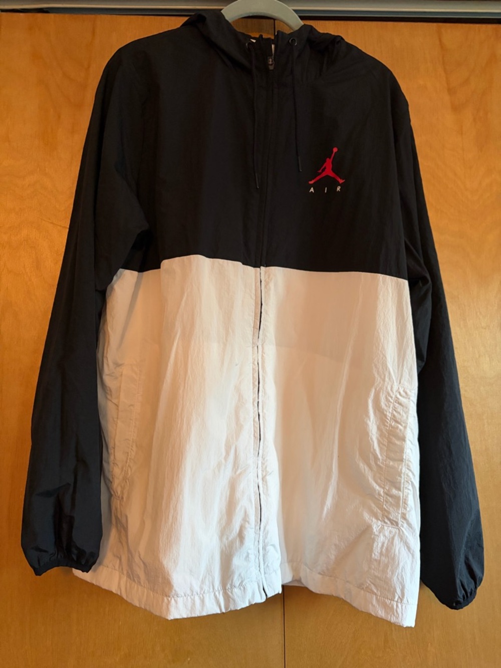 Jordan Black and White Colorblock Hooded Windbreaker with Red Jumpman